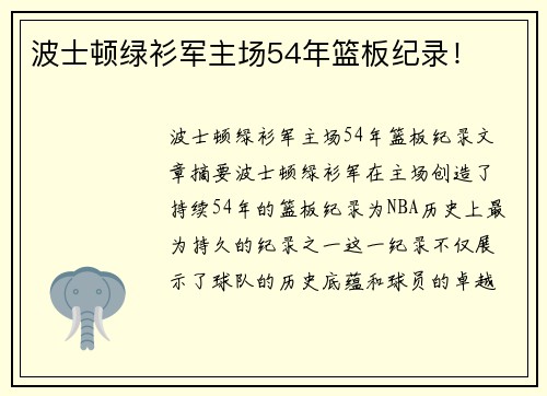波士顿绿衫军主场54年篮板纪录！
